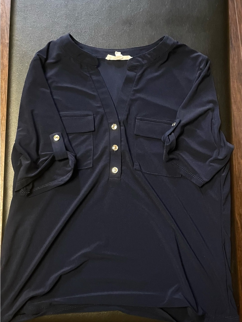 Perception Concept Navy Collared Button-Front Roll-Tab Sleeve Blouse